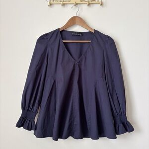 Pomander Place Navy Blue Poplin Puff Sleeve Swing Top XS Tuckernuck